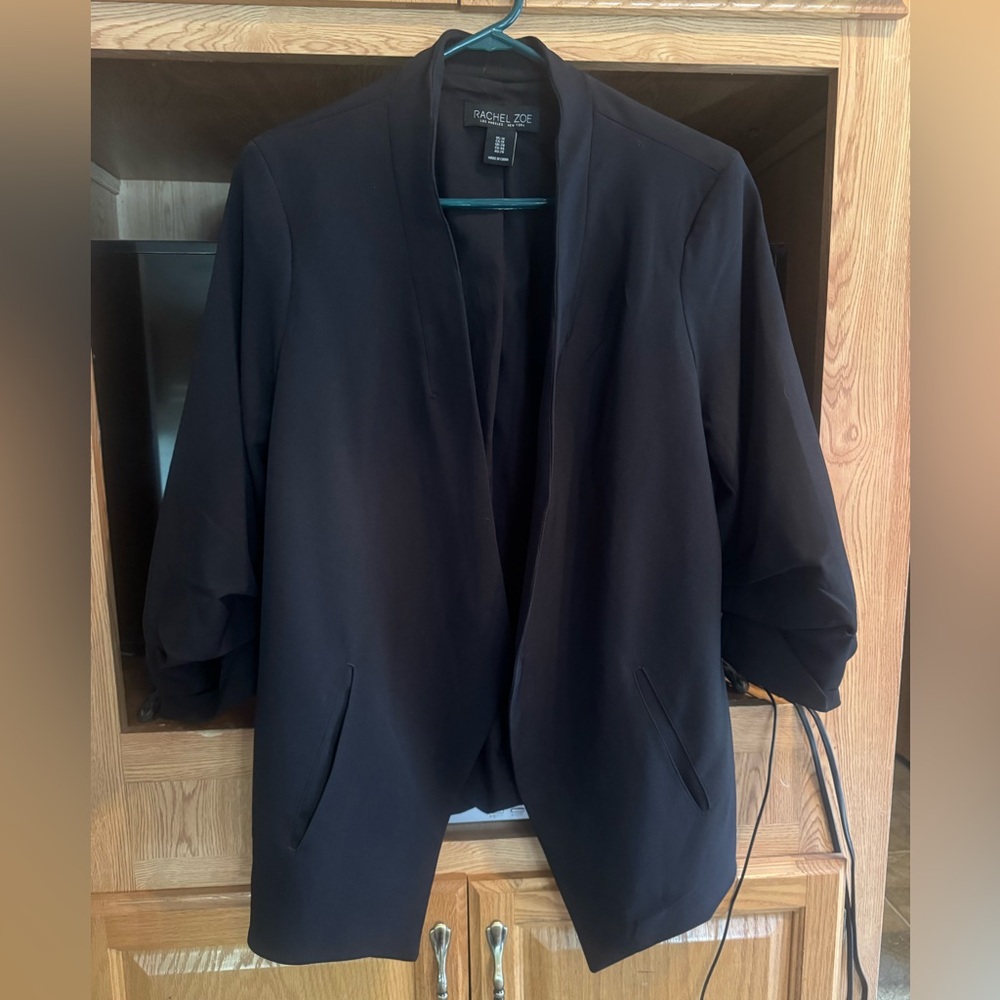 Rachel Zoe Blazer Womens 1X Black Textured Jacket Ruched Sleeves Open Front